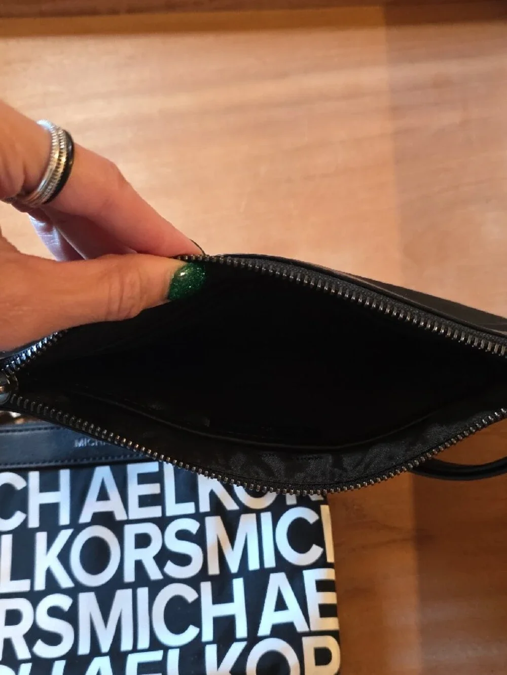 Michael Kors Nylon & Leather Trim Convertible Wristlet Pouch Set Black White Log